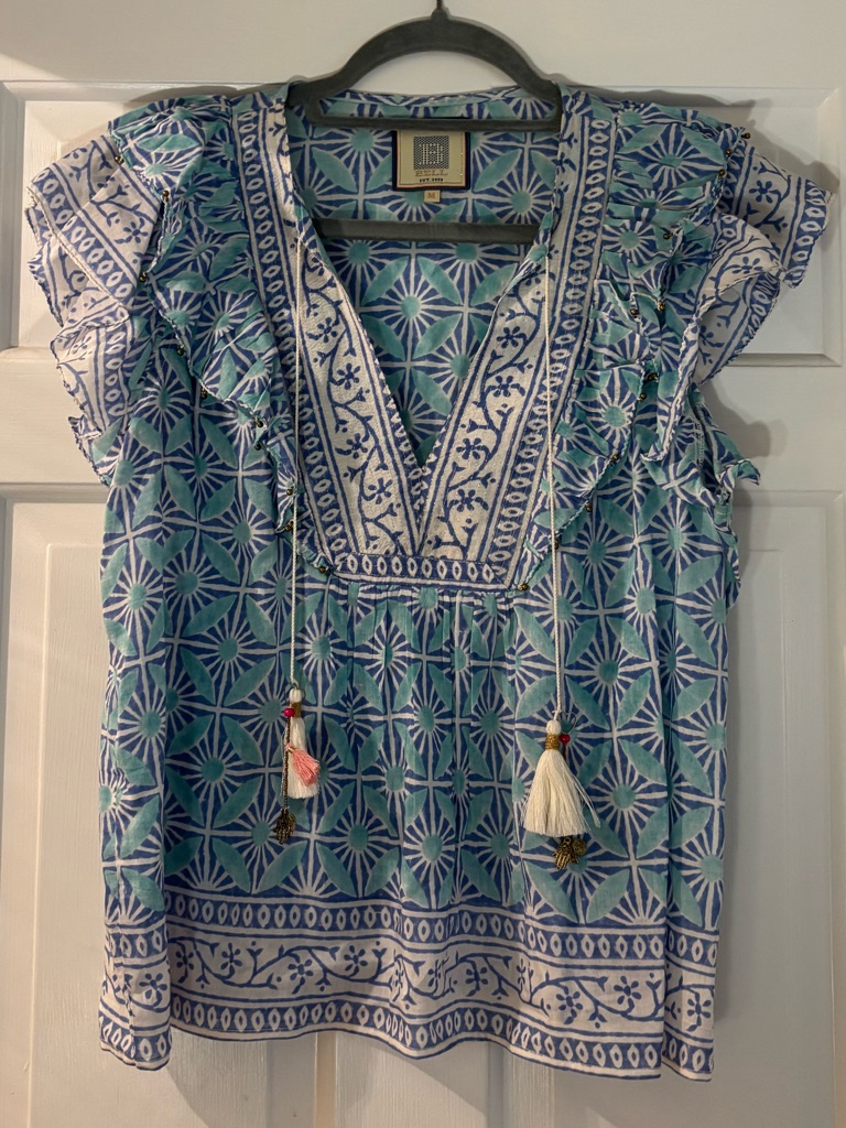 Bell By Alicia Bell Blue Geometric V-Neck Ruffle Sleeve Top
